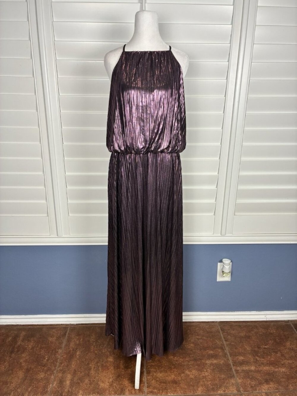 Shelby Nites Women’s 10 Purple Metallic Pleated Halter Maxi Evening Gown